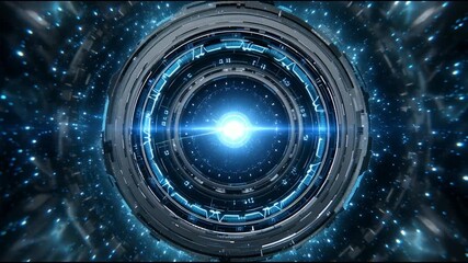 Poster - Futuristic circular interface with glowing blue light digital technology sci fi energy core abstract cyber design high tech innovation virtual reality cosmic background dynamic motion portal advanced