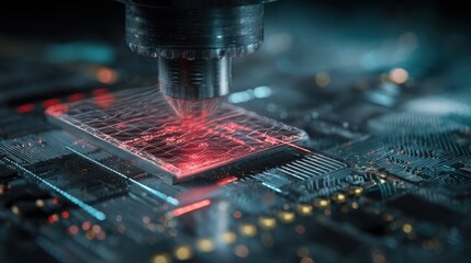 Poster - Futuristic laser etching microcircuitry onto a biodegradable chip, featuring an ai interface displaying real time analytics, highlights advancements in sustainable electronics