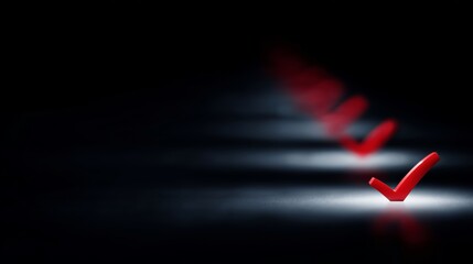Aufkleber - A series of red check marks shine in the dark. The bright colors contrast with the shadows to create a sense of achievement. Ideal for concepts like approval and progress. AI