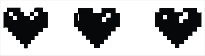 Poster - Three pixelated black hearts on a white background in a retro video game style. Ideal for use as life indicators in nostalgic-style games or minimalistic love or relationship-themed digital content.