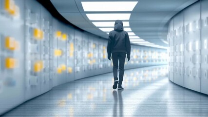 Poster - Individual Walking Through Modern Corridor with Blurred Background and Bright Lighting Design