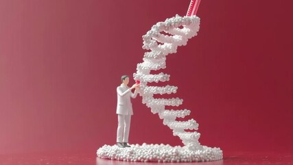 Poster - Scientist with Test Tube Analyzing DNA Structure on Red Background with White Molecules