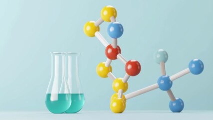 Poster - Colorful Molecular Structure with Laboratory Flask on Light Blue Background for Scientific Themes