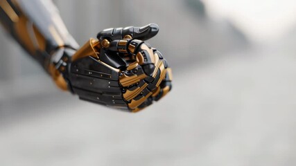 Poster - Futuristic Robotic Hand Reaching Out in Urban Setting with Metallic Finish and Intricate Detailing