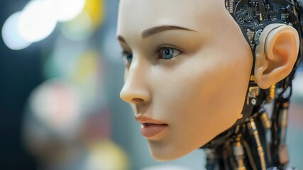 Poster - A detailed image of a robotic head with mechanical features and expressionless face
