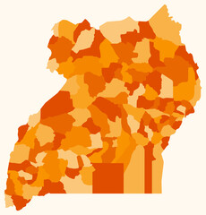 Poster - Map of Uganda with regions. Just a simple country border map with region division. Orange color palette. Flat Uganda shape with administrative division. Vector illustration.