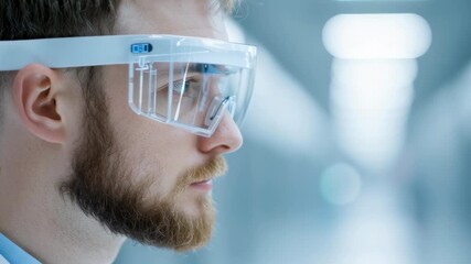 Poster - Young Man in Laboratory with Protective Goggles and Curious Expression in Scientific Environment