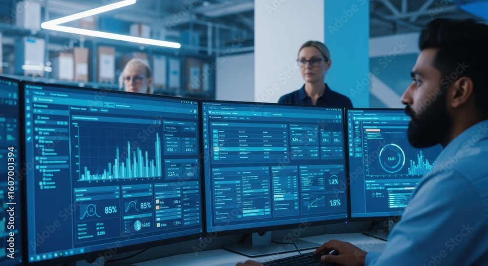 System Performance Display Control room with advanced dashboard displays monitoring warehouse ...