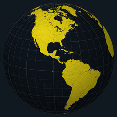 Poster - Nicaragua on Globe. Country view on the world map in Charcoal Bright Yellow color palette. Nicaragua shape on map. Globe with meridians, parallels, countries, rivers and lakes.