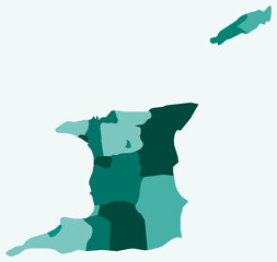 Poster - Map of Trinidad and Tobago with regions. Just a simple country border map with region division. Teal color palette. Plain Trinidad and Tobago shape with administrative division. Vector illustration.