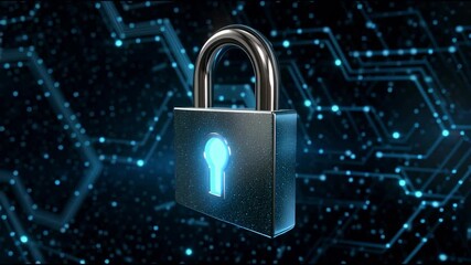 Poster - Padlock cybersecurity data protection encryption secure network glowing blue technology background futuristic privacy safety abstract circuit digital cyber technology protection encryption data