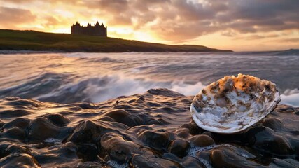 Wall Mural - A clam shell sits on the sandy beach, with a majestic castle visible in the distance