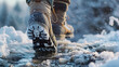 © Max_T - Close up of hiking boots standing on ice and snow during winter season in the outdoors setting