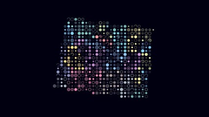 Poster - Wyoming dotted animation. Shape of the state build of pulsating colored dots. Large size circle blocks. Digital style map on dark background. Awesome video.