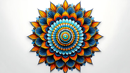 Poster - Intricate Floral Mandala Design with Vibrant Blue Orange and Yellow Petals Radiating from a Central Point Creating a Harmonious and Eye Catching Artistic Composition on