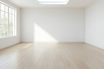 Aufkleber - Bright, minimalist room with natural light. A pristine interior featuring light wood floors and white walls, illuminated by a large window and a skylight.