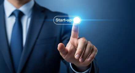 Poster - Businessman Pressing Start Up Button Blue Suit startup