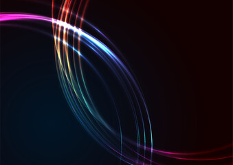 Poster - Bright neon glowing shiny waves abstract tech background. Vector futuristic design
