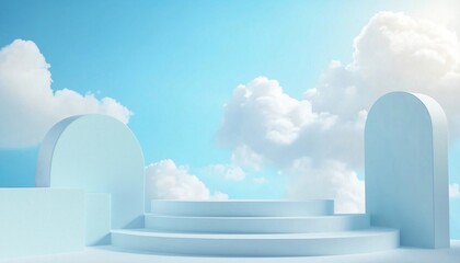 Poster - Sky Blue And Cloud White Podium Platform Step For Summer Cosmetic Product Presentation In Spring Nature Landscape With Building Wall.