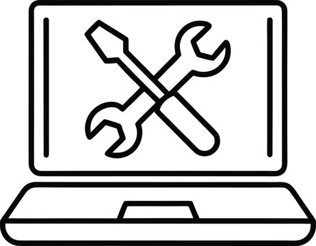 Clean line art icon of a laptop with a wrench and screwdriver isolated on transparent background