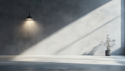 Poster - Empty Studio Room With Light And Shadow, Displaying Products Against A Backdrop Of Gray Cement Wall And Concrete Floor.
