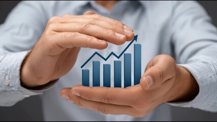 Poster - Business hand protection of growing bar chart with arrow, symbolizing business finance growth, investment success, economic progress, upward trend, and professional strategy for financial protection