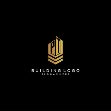 PT initial monogram logo for real estate with building style