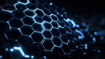 Poster - A dynamic, abstract representation of hexagonal patterns illuminated by bright blue lights, ideal for tech-related projects.