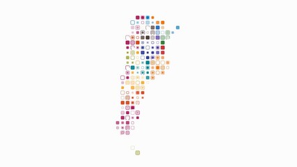 Poster - Argentina dotted animation. Shape of the country build of pulsating colored dots. Large size rounded square blocks. Digital style map on white background. Trending video.