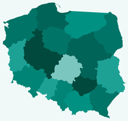 Poster - Map of Poland with regions. Just a simple country border map with region division. Teal color palette. Blank Poland shape with administrative division. Vector illustration.