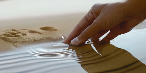Poster - Finger touching water, creating ripples and reflections. Serene, natural scene evoking tranquility and connection with elements. Subtle beauty in simplicity.
