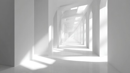 Poster - A minimalist interior corridor with soft light creating a serene atmosphere and highlighting architectural features.