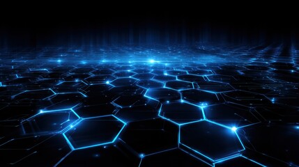 Poster - A stunning abstract representation of a digital landscape with glowing hexagonal patterns and vibrant blue hues.