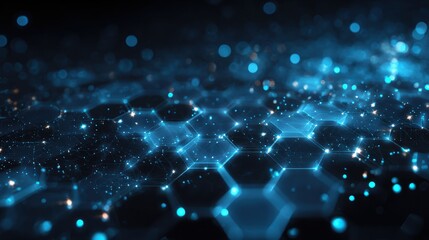Poster - A stunning abstract representation of a digital network with glowing hexagons and blue lights in a dark environment.