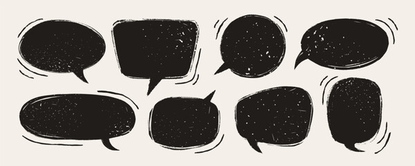Speech bubble vector set in black on beige background with distressed texture. Hand drawn cartoon talk and speech elements. Great for comics, grunge prints, retro poster designs