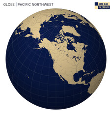 Poster - Vector Globe centered to Pacific Northwest. Dark Blue Pale Peach palette. World map with meridians, parallels, countries, rivers and lakes. Classic vector illustration.