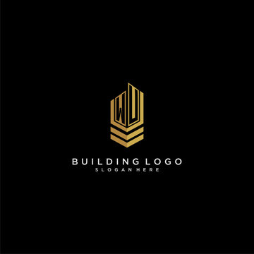 WU initial monogram logo for real estate with building style