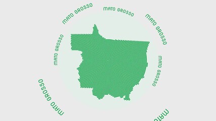 Poster - Mato Grosso shape with dynamic circles visual effect. Animation of Mato Grosso logo appearing from rotating rings and State name around the shape. Intro, opening, closing, logo video.