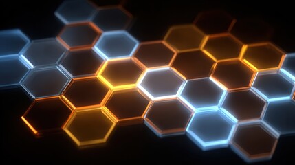 Poster - A vibrant and modern hexagonal pattern with glowing edges in shades of blue and orange against a dark background.