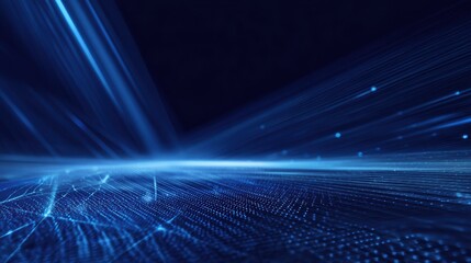 Poster - Abstract blue digital landscape with light beams and patterns showcasing technological innovation and data.