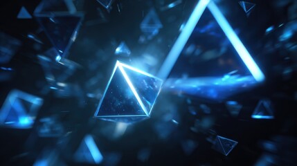 Poster - Abstract blue geometric shapes floating in a dark space, creating a futuristic and ethereal environment.