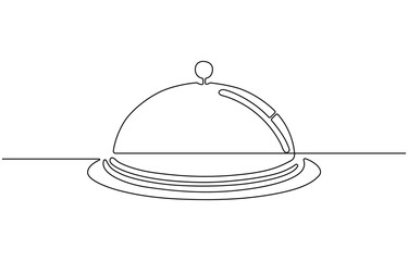 Fototapete - One line continuous waiter with tray closed lid restaurant concept,  Hand Drawn Symbol Vector Illustration, hand continuous line art .