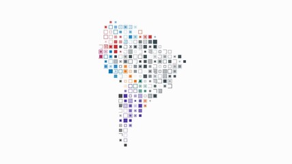Poster - South America dotted animation. Shape of the continent build of pulsating colored dots. Large size square blocks. Digital style map on white background. Awesome video.