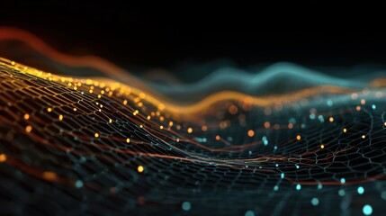 Poster - Abstract digital wave with glowing particles in vibrant colors showcasing technology and innovation.