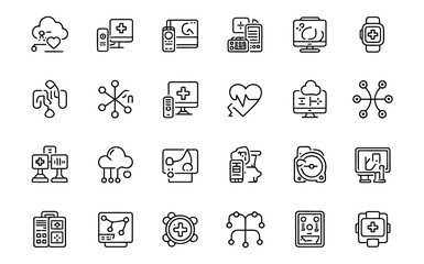Leinwandbilder - Vector art of a collection of outlined medical technology icons isolated on white background, perfect for healthcare websites, apps, and presentations