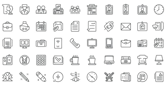 Vector art of a set of outlined office and business icons isolated on white background, perfect for presentations, websites, and graphic design