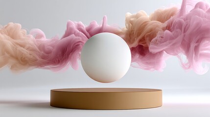 Poster - White ball is suspended in the air above a pink and orange cloud of smoke. The smoke is swirling around the ball, creating a sense of movement and energy. The scene is dynamic and visually striking