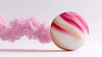 Poster - Pink and orange ball is floating in the air next to a cloud of pink smoke. The smoke is billowing and swirling around the ball, creating a sense of movement and energy
