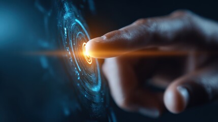 Poster - Close-up of a hand interacting with futuristic digital interface, showcasing innovation and technology.