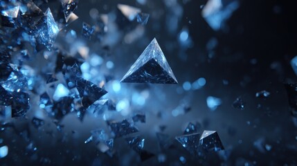 Poster - Dynamic blue crystal pyramids scatter in a mesmerizing display of light and motion, creating an abstract visual effect.